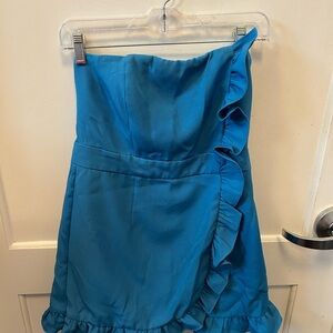 Blue Ruffled Strapless Romper